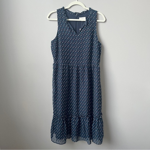 LOFT Dresses & Skirts - Loft Outlet Dress Women's 8 New NWT Navy Blue Tufted Swiss Dots Midi Ruffles